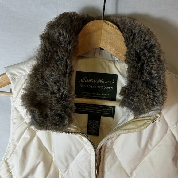 Eddie Bauer Ivory Faux Fur Collar Quilted Premium Goose Down Zip Up Vest Size S - Picture 5 of 15